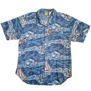 Big Dogs Hawaiian Shirt XL Blue Sailing Boating Kayaking Allover Print Made USA